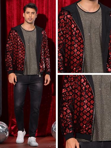 Image of Lars Amadeus Argyle Sequins Jackets for Men's Long Sleeves Metallic Shiny Hooded Disco Jacket