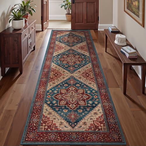 Image of Tangsoo 2.6x8 Washable Hallway Runner Rugs, Non Slip Vintage Runner Rug Red