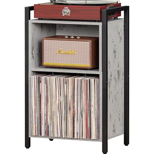 LELELINKY Record Player Stand, Industrial 2 Tier Vinyl Record Storage Cabinet with Steel Frame, Turntable Stand Holds Up to 100 Albums, Record Holder Table for Music Room, Living Room, Bedroom -Grey