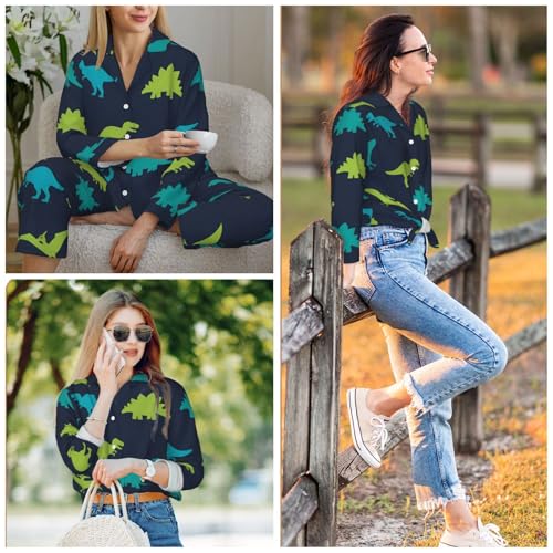 Image of Women'S Long Sleeve Pajama Set Soft Loungewear Button-Down Top & Elastic Waist Pants S- 2XL