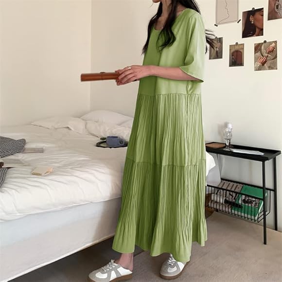 Amazon.co.jp: [INNIFER] レディース ワンピース マキシ丈 無地 半袖