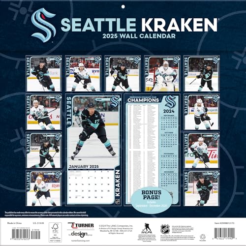 Calendário de parede do time TURNER SPORTS Seattle Kraken 2025 12x12 (25998012172)
