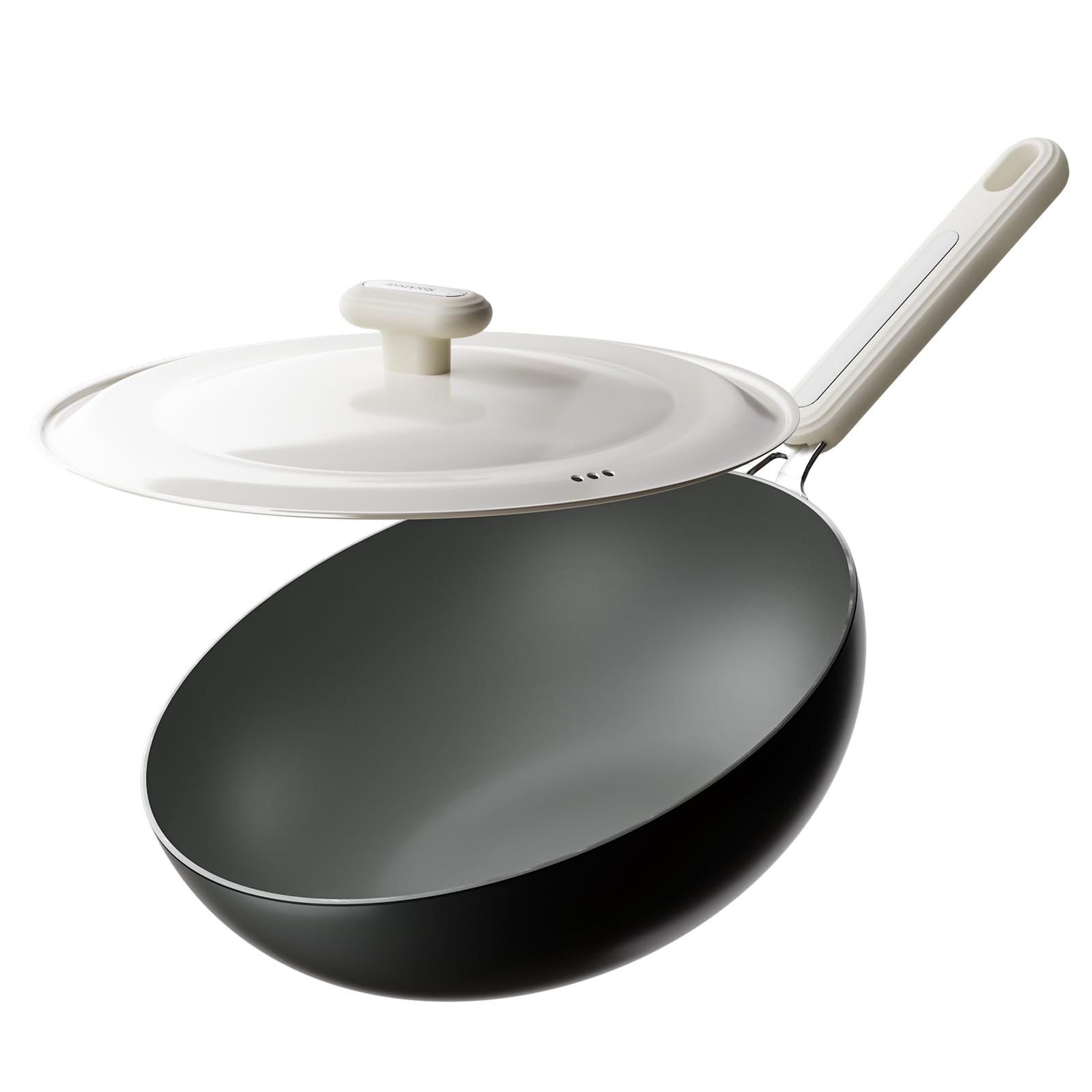 Karbonstahl Woks & Wokpfannen 30 cm, vorgebrannt, flacher Boden, Wokpfanne induktion mit Deckel, leichtes Kochgeschirr für alle Herdplatten, Wok pfanne für Gas und Elektro, Wok induktion