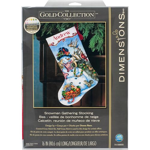 Image of Dimensions Gold Collection Counted Cross Stitch 'Snowman Gathering' Personalized Christmas Stocking Kit, White Aida, 16 inch, 18 Count