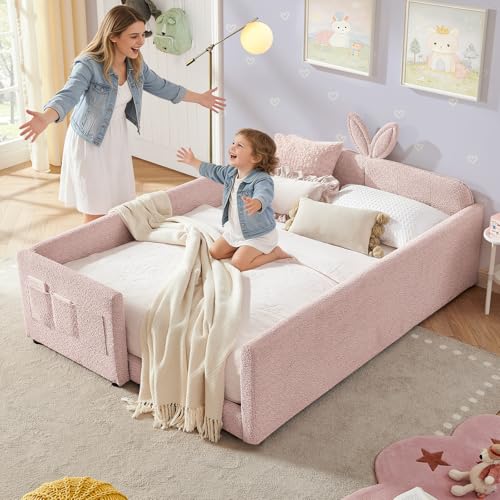 Image of Queen Size Bed Frame for Kids, Upholstered Daybed Frame Floor Bed with Safety Rails and Storage Pocket Cute Rabbit Ear Shaped Headboard for Kids Teens Boys Girls, Pink