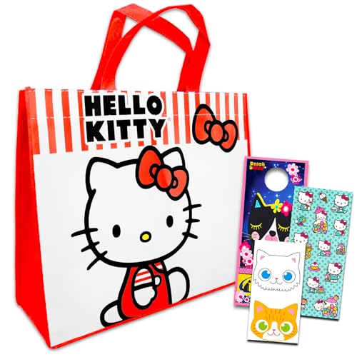 Hello Kitty Tote Bag Set - Bundle of Reusable Halloween Trick or Treat Grocery Bags, Stickers, More | Hello Kitty Goodie Bag Set for Kids