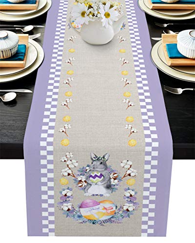 PIEPLE Table Runner-Cotton Linen- Long 70 Inch Holiday Dresser Scarves, Easter Egg Cartoon Spring Rabbit Plaid Tablerunner for Kitchen Coffee/Dining Bedroom Home Living Room Dinner Scarf DÃ©cor