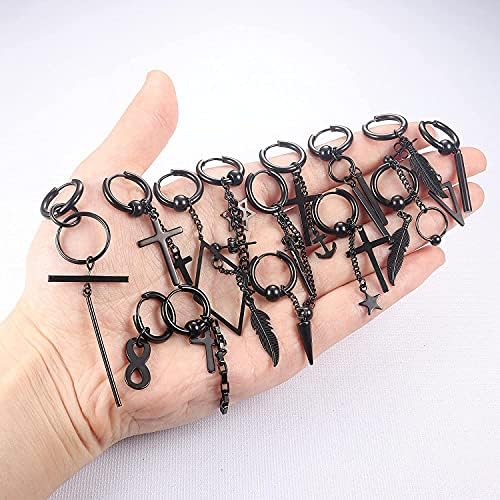 LOLIAS 16Pcs 316L Stainless Steel Hoop Earrings Dangle Hinged Earrings Star Feather Punk Gothic Cross Earrings Chain Drop Earrings Ear Studs For Men Women Boys Silver/Black