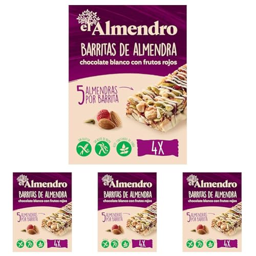 El Almendro, Barritas de Almendra con Chocolate Blanco y Frutos Rojos, Barritas Energeticas, Barritas Cereales, 4 porciones de 25 Gramos, 100 Gramos (Paquete de 4)