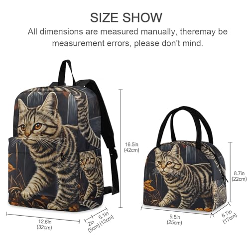 Stripe Cat Print Backpack Set with Lunch Bag, Large Capacity Travel Backpacks and Lunch Box Insulated for Commute Hiking Picnic2