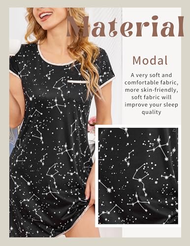 Image of Ekouaer Womens Nightgown Sleep Shirt Dress Satin Patchwork Short Sleeve Sleepwear with Pocket