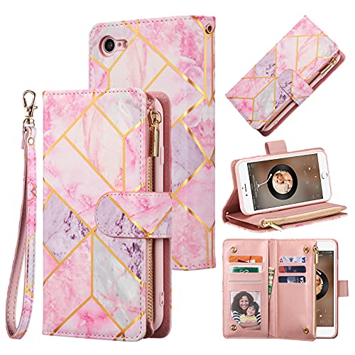 UEEBAI Wallet Case for iPhone SE 2022 5G/iPhone 7/iPhone 8/iPhone SE 2020, PU Leather Magnetic Closure Handbag Zipper Pocket Case Kickstand Card Slots Flip Case for iPhone SE3/SE2 - Pink&Purple