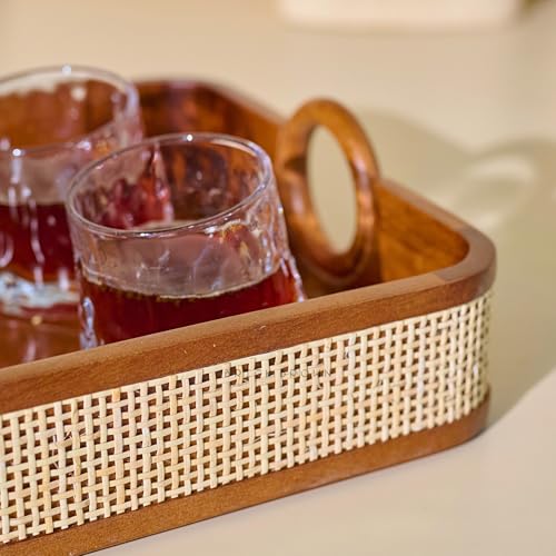 Image of Brick Brown Premium Wooden Tresso Serving Tray with Cane Weaving | Walnut Finish Tea & Breakfast Tray with Handles | Luxury Decorative Organizer for Kitchen, Dining, Coffee Table, Office 15x10 Inch