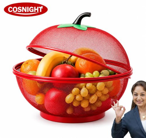 Image of Khushi Liquid Apple-Shaped Fruit & Vegetable Basket with Protective Net Mesh Cover - Decorative Kitchen Storage Stand for Dining Table - Multi-Color (Medium, Pack of 1) (RED)