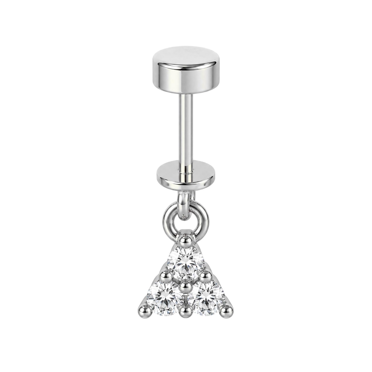 vama FASHIONS 1 Pcs 18K Silver Plated Stainless Steel Anti Tarnish Hanging Three CZ Stone Triangle Dangle Tragus Earring Cartilage Helix Barbell Ball Back Piercing Single Upper Ear Stud for Women-picture-4