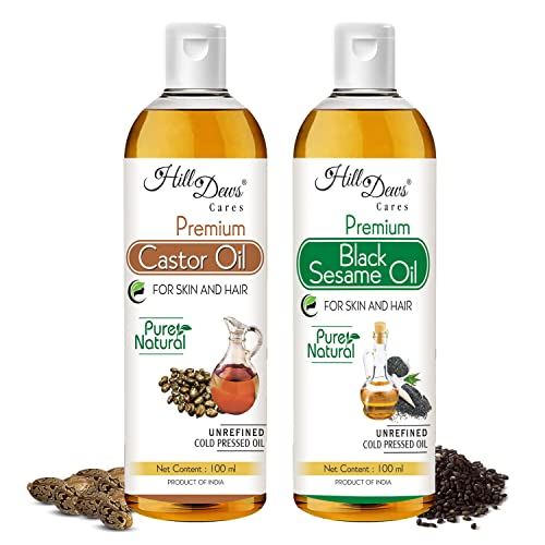 Image of Castor oil (100ml) and Black Sesame oil (100 ml) - Cold Pressed - Moisturizes the Skin and Promotes Soft and Shiny Hair