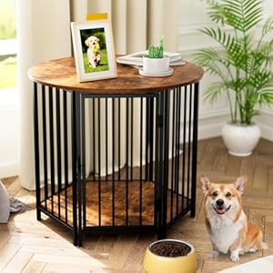 Dog Crate Furniture, Hexagonal Wooden Pet House Dog Crate End Table, Indoor Decorative Dog Kennel Furniture, for Small and Medium Dogs, Cute Puppy Cage Furniture, Rustic Brown
