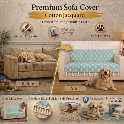 Image of STITCHNEST 'Verdant Ikat Stories' 2 Seater Sofa Cover - Full Coverage| Elegant Jacquard Fabric, Decorative Tassels, Washable & Durable for Modern Living