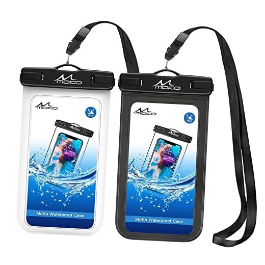MoKo Waterproof Phone Pouch Holder 2Pack, Underwater Cellphone Case Dry Bag with Lanyard Armband Compatible with iPhone 14 13 12 11 Pro Max X/Xr/Xs/SE 3, Samsung S21/S10, Black+White