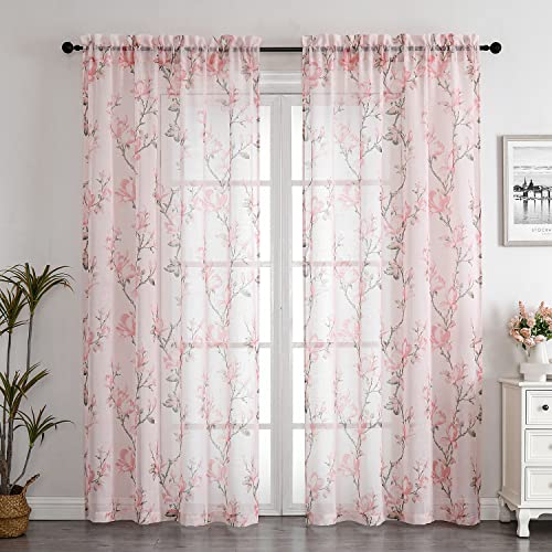 Smile Weaver Lot de 2 Rideaux Transparents Rose pâle de 160 cm de Long pour Salon, Rideaux Floraux filtrant la lumière, voilages texturés en Lin avec Passe-Tringle...