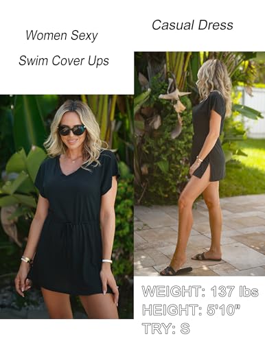AI'MAGE Women's Swimsuit Cover Up Split Hem Beach Bathing Suit Coverups Dress V-Neck Swimwear with Drawstring2