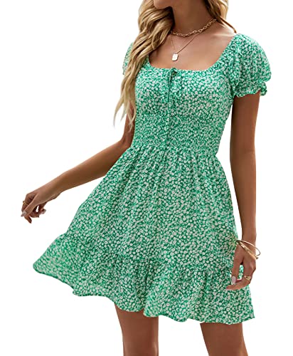 Heysolo Womens Boho Floral Smocked Square Neck Short Sleeve Ruffle Beach Summer Mini Dress
