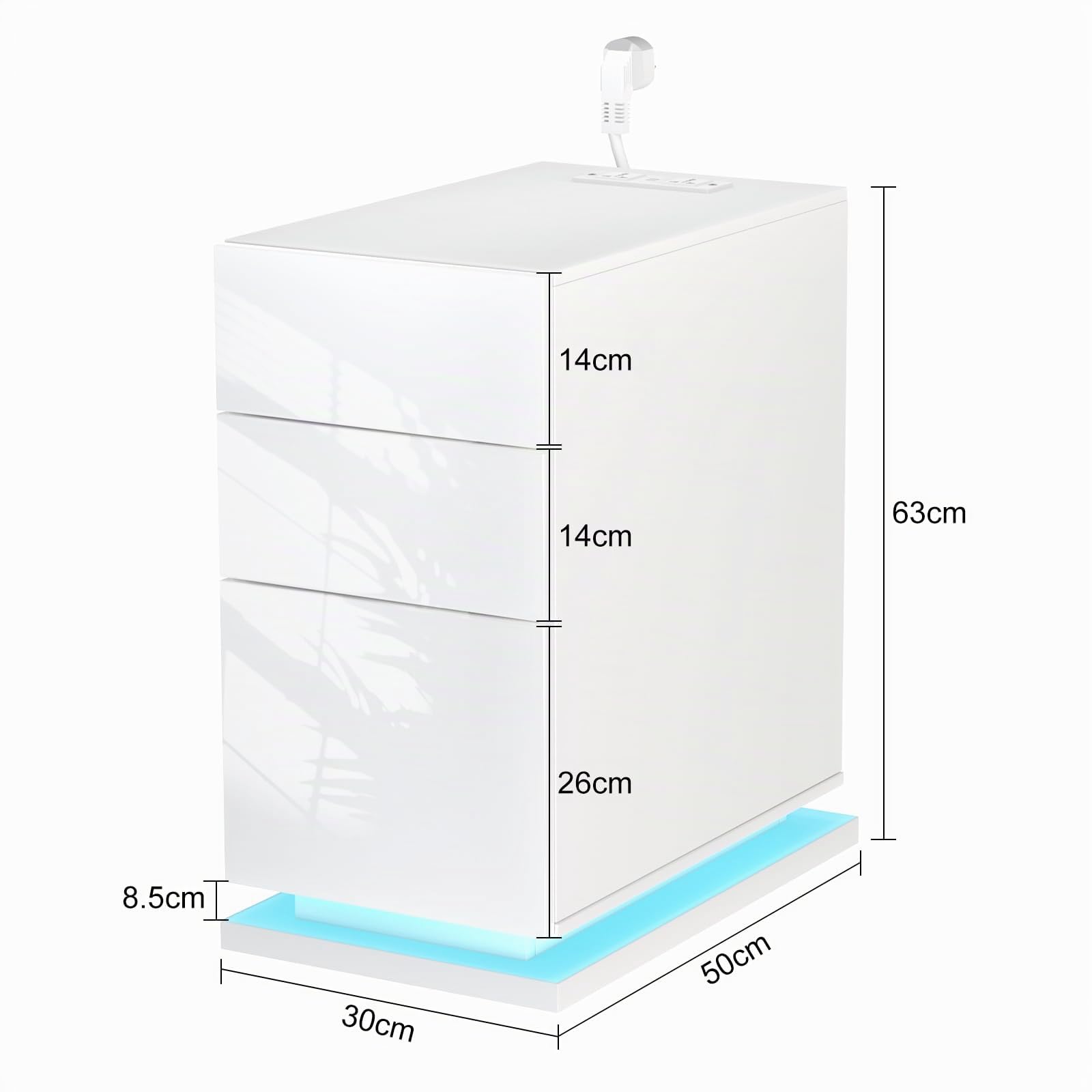 Nachttisch Schmal Weiß, Led Nachttischh für Schlafzimmer, Beistelltisch mit 3 Schubladen,16 Farben LED Nachttisch,Wohnzimmer, Schlafzimmer, Arbeitszimmer 50x30x63 cm