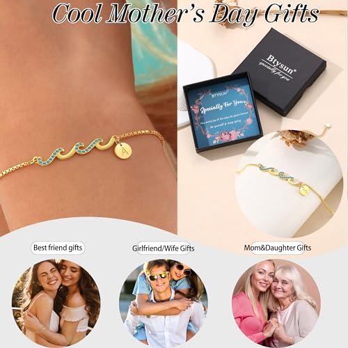 Dainty Gold Bracelet with Initials, Gifts for Women Initial Bracelets for Women Mom Gift Teen Gifts Trendy Stuff Wave Bracelet Grandma Graduation Gifts for Her 2025 Daughter Friend Letter A-Z Birthday Christmas Jewelry