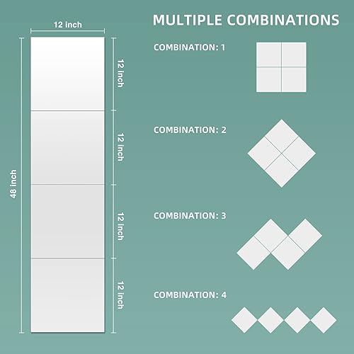 Miniatura 2 de CHINJONG Espejo de cuerpo completo para pared, paquete de 4 azulejos cuadrados de acrílico de 12 x 12 pulgadas con fuerte adhesivo de doble cara,