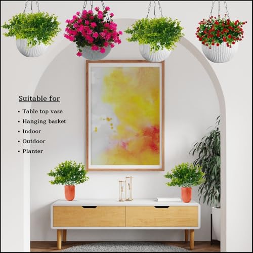 Image of Tdas Artificial Hanging Flowers with Basket Plants Leaves Home Decor for Outdoor Balcony Yard Patio Garden Porch Deck Autumn Faux Fake Realistic Spring Decoration - 60 cm (Red)