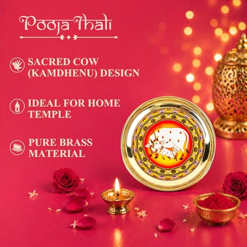 Image of Klassic 6 Inch Handcrafted Brass Thali /Aarti Plate | Cow Design, Beautifully Embossed Colorful Decorative Plate for Puja /Worship, Aarti, Karwa Chauth, Navratri, Diwali Gift | Medium(Pack of 1, Golden)