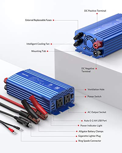 BESTEK 500W Pure Sine Wave Power Inverter DC 12V to 110V AC Car Plug Inverter Adapter Power Converter with 4.2A Dual USB Charging Ports and 2 AC Outlets Car Charger, ETL Listed, Blue