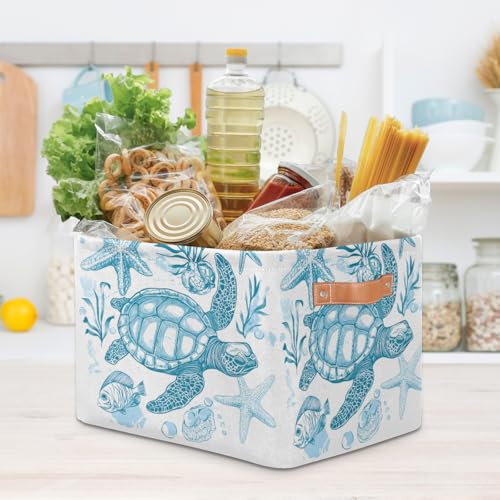 Image of Sea Turtle Storage Baskets for Organizing, Fabric Collapsible Storage Bins Box Ocean Animal Fish Decorative Toy Organizer Baskets for Closet Shelves Gift Basket 1 Pc
