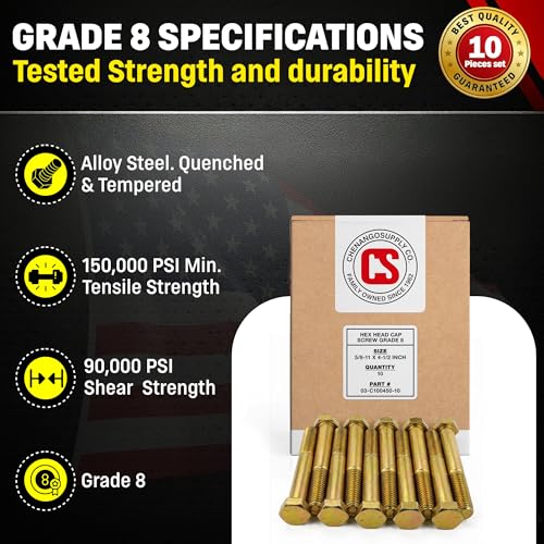 Image of Chenango Supply 5 /8-11 x 4-1 /2 inch Grade 8 Hex Head Cap Screws, Alloy Steel Hex Bolts, 150,000 PSI Tensile Strength, Yellow Zinc Chromate Finish, USS Coarse Thread Fasteners (10 Pack, 5 /8-11 x 4.5 G8)