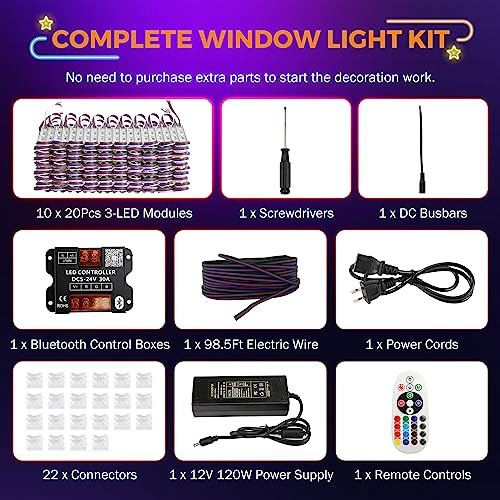 Image of BEAMNOVA 100Ft RGB LED Storefront Lights for Business, Strip Lights Kit, Remote, Bluetooth Mobile App Control, DC 12V Power Supply, IP65 Waterproof Adhesive Modules, SMD 5050 Beads