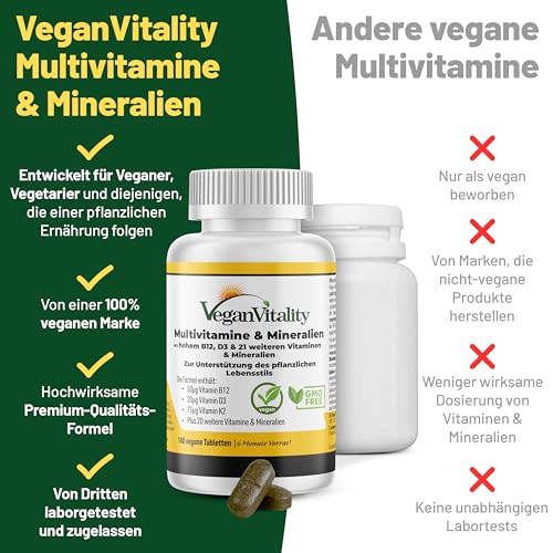 Vegan Multivitamin Tabletten hochdosiert - Vitamin b12 vegan & Eisen. 180 Multivitamin Tabletten Nahrungsergänzungsmittel - 6 Monate Vegan & Vegetarier - Alle Vitamine in einer Tablette