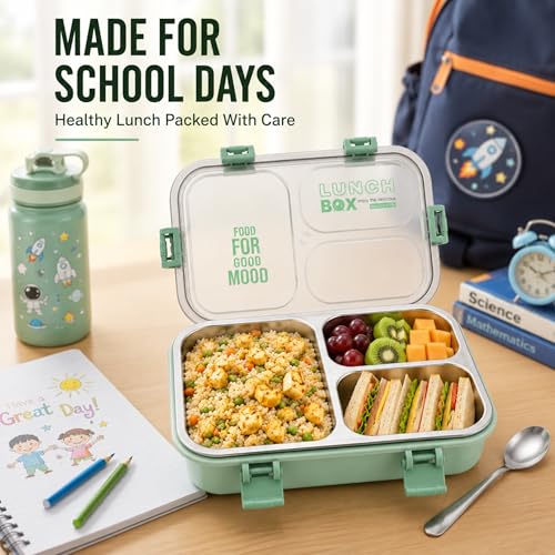 Image of Stainless Steel Lunch Box with 3 Compartments Leak Proof Airtight Lid BPA Free Food Storage Container Durable Portable Bento Tiffin for Kids, School Picnic (3 Green)