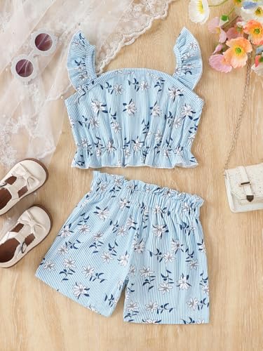 Image of Kids Toddler Girls Summer Clothes Button Design Striped Tank Top + Floral-Print Elastic Shorts 2 Piece Outfits