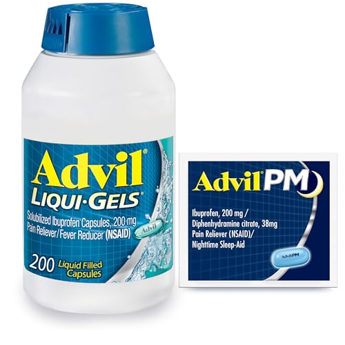 Advil Liqui-Gels Pain Reliever and Fever Reducer Pain Medicine for Adults with Ibuprofen 200mg for Headache Backache Menstrual Pain and Joint Pain Relief - 200 Capsules Advil PM Ibuprofen - 2 Ct