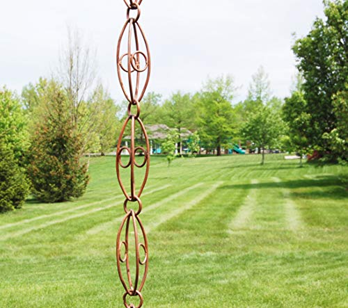 U-nitt Rain Chains, Roof Gutter Downspout/Spout Channel, Rainwater Water Catcher/Diverter, 8.5 feet Length, Metal, Pure Copper, Contemporary Oval Link, 6001