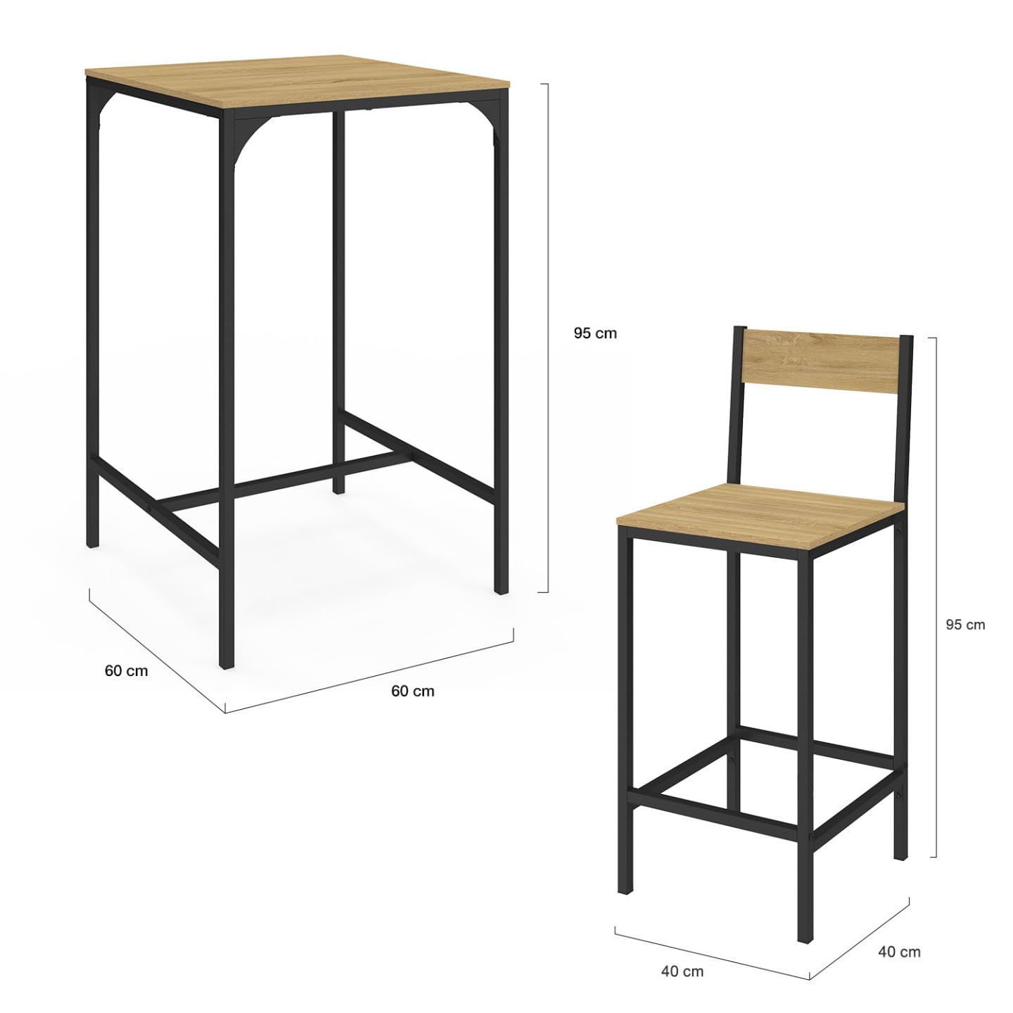 IDMarket - Ensemble Table de Bar carrée Detroit 60 cm et 2 chaises de Bar Design Industriel