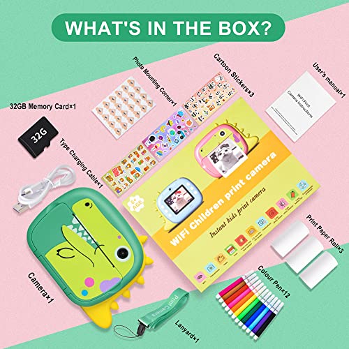 Camera For Kids, Instant Print Camera With Wifi Function 1080P Video Camera 2.4" Screen Selfie Camera With 32G Tf Card, 4 Diy Stickers, 12 Colored Penls, 3 Rolls Print Papers For Girls Boys (Green) #TOP7