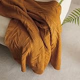 Powdion Chunky Knit Blanket Throw, Burnt Orange Cable Knit Throw Blanket Chevron, Super Soft Rustic Knitted Blanket for Couch, Sofa, Chair, Bed - Extra Cozy, Machine Washable, 50”x60”