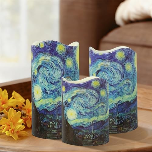 Image of Remote Flameless Candles 4 inch 5 inch 6 inch - Set of 3 Van Gogh Starry Night Design LED Pillar Candles Battery Operated with Timer for Home Decor Indoor Outdoor,PLT3P-StaNit