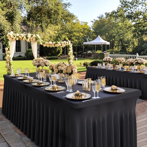 Image of 4 Pack Black Fitted Spandex Table Cloth Rectangle 8ft, Wrinkle Free High-Stretch Skirted Tablecloths for 8 Foot Rectangle Tables, Decor Parties Weddings Birthday Banquet Spandex Table Cloths Cover