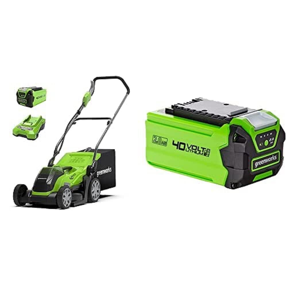 Greenworks Cortacésped con batería G40LM35K Li-Ion 40V +Greenworks Batería G40B2, sistema de carga rápida de Li-Ion 40V 2Ah sin autodescarga