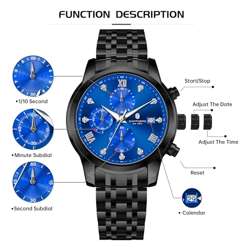 Image of Sapphero Watches for Men Waterproof Luminous Watches with Date Dial Chronograph Analog Quartz Movement Steel Stainless Business Wrist Watches Mens Gifts