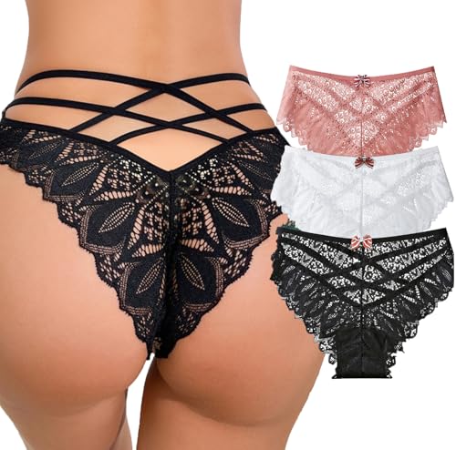 Image of Womens Sexy Thongs Lace Panties Underwear Low Rise Plus Size Underpants Pack of 1-3