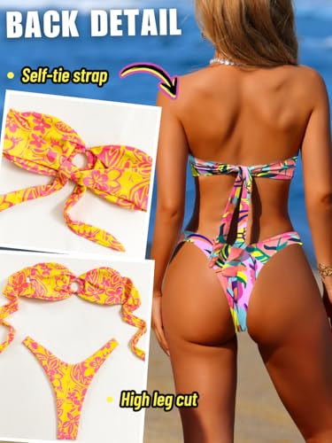 Women's Bandeau Tie-Back Bikini Sets, Cheeky Thong Swimsuits, Cute Floral Bathing Suit3