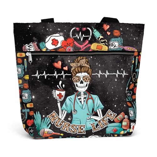84hoods 15 inch Large Tote Bag for Women for Work. Shoulder Bag Gift for Nurse. Waterproof Graphic Aesthetic Grocery Bag with Pockets and Zipper. Cute Skeleton.
